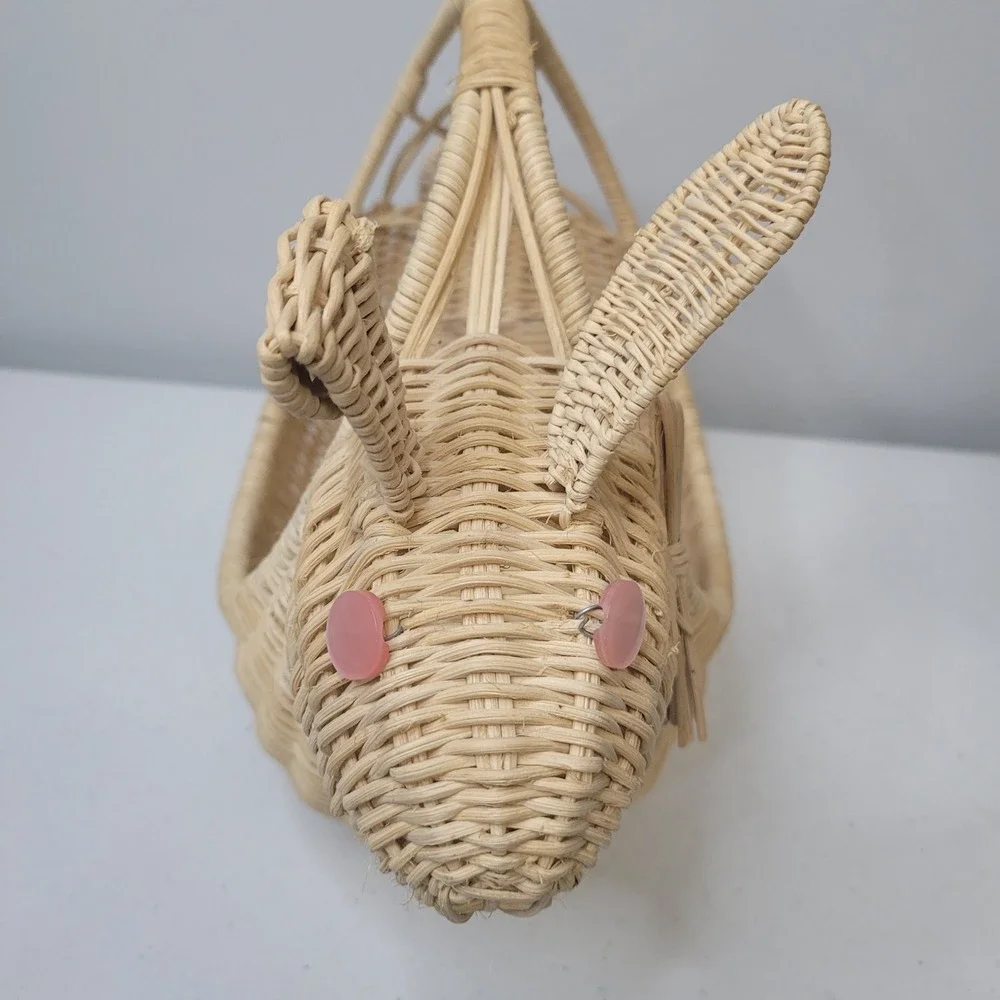 Vintage‎ Woven Wicker Bunny Rabbit Easter Basket Pink Button Eyes 13 Inch
